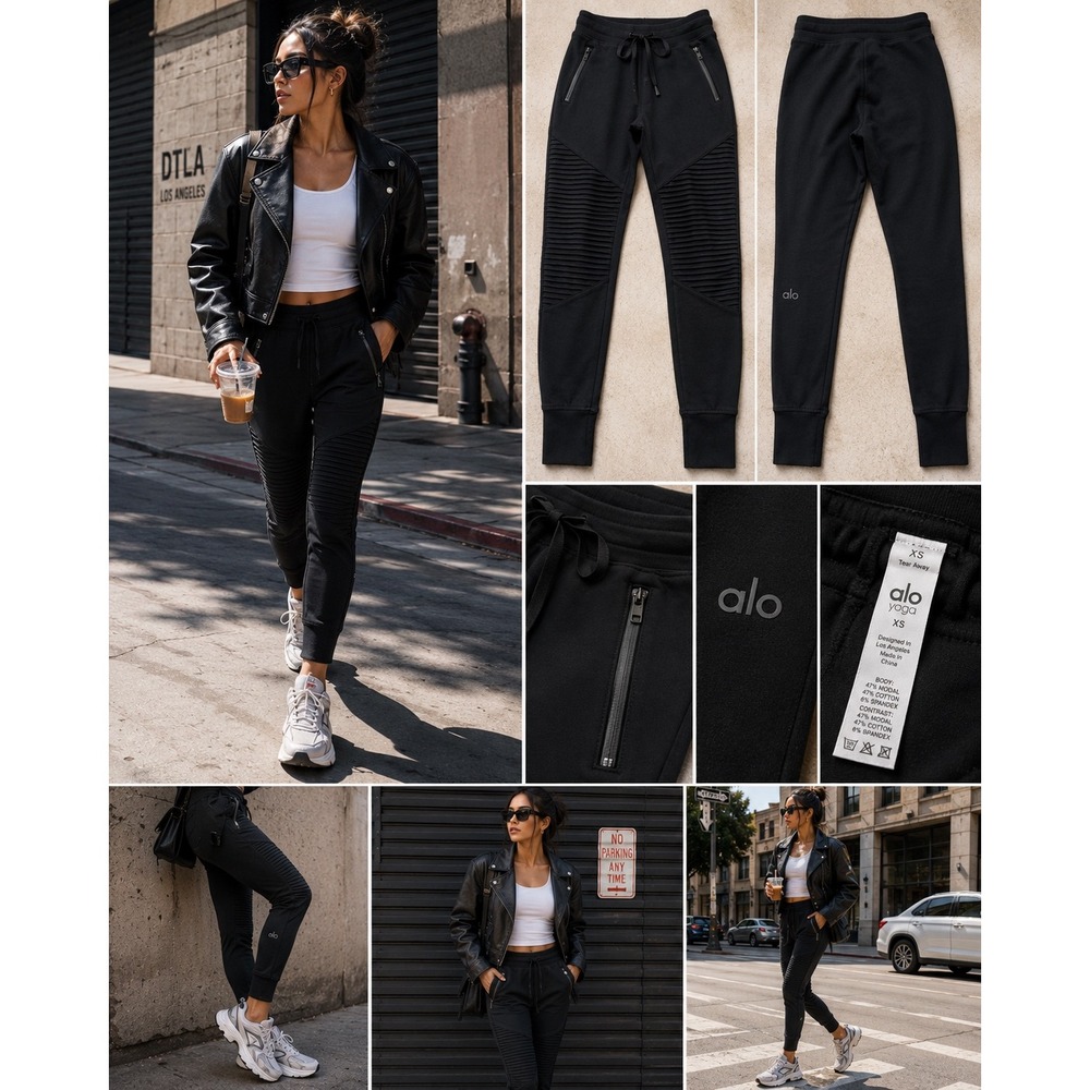 Alo Yoga Moto Leggings Womens XS Black Ribbed Biker Jogger Pants‎ Zip Pockets